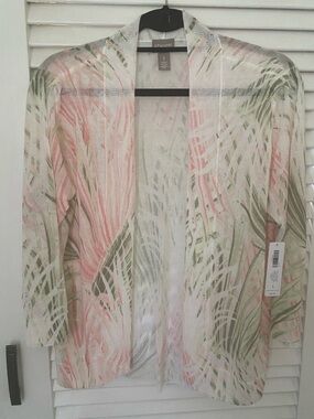 Chico's Open-Front Cardigan in Pink, Green & Cream Palm Print
